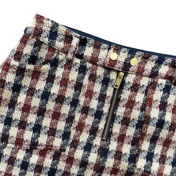 Scotch & Soda Tweed Mini Skirt Sz M Brown Check Exposed Zipper Retro Academia - Picture 9 of 13